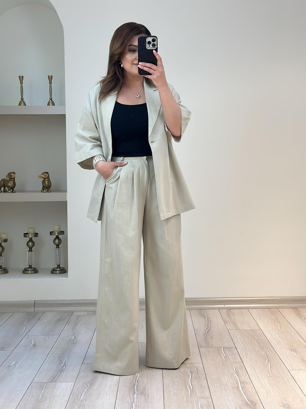 Önü Düğmeli Ceket Pantolon Keten Takım BEJ-23YUST000182
