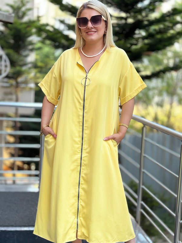 Önü Fermuarlı Kuşaklı Elbise Sarı-23YELB000113