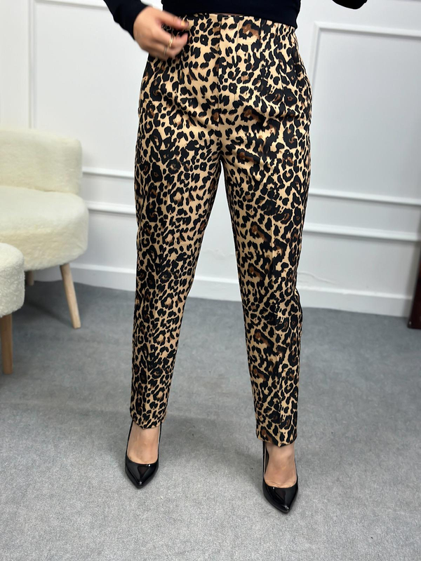 Önü Flotalı Leopar Desen Kumaş Pantolon SİYAH-23MeALT00072
