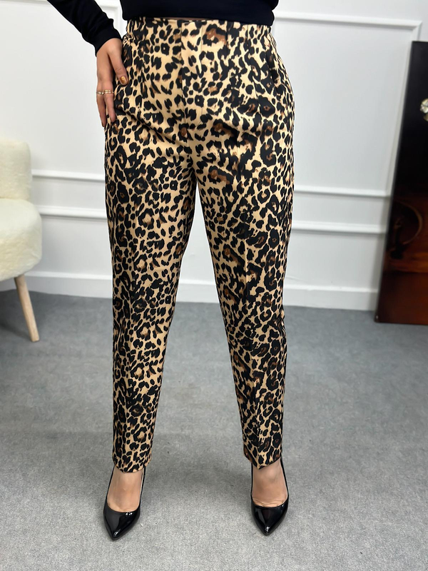 Önü Flotalı Leopar Desen Kumaş Pantolon SİYAH-23MeALT00072