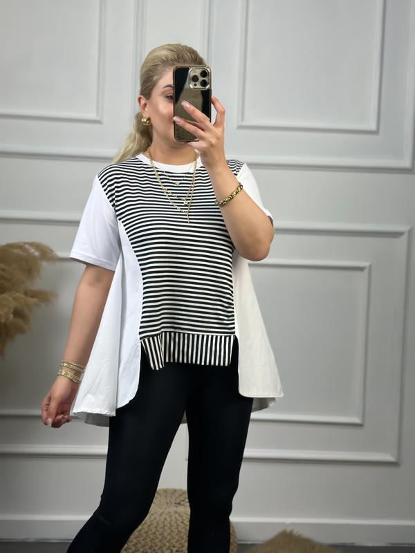 Önü Yırtmaçlı Poplin Detay Çizgili Tshirt BEYAZ-23YUST000003
