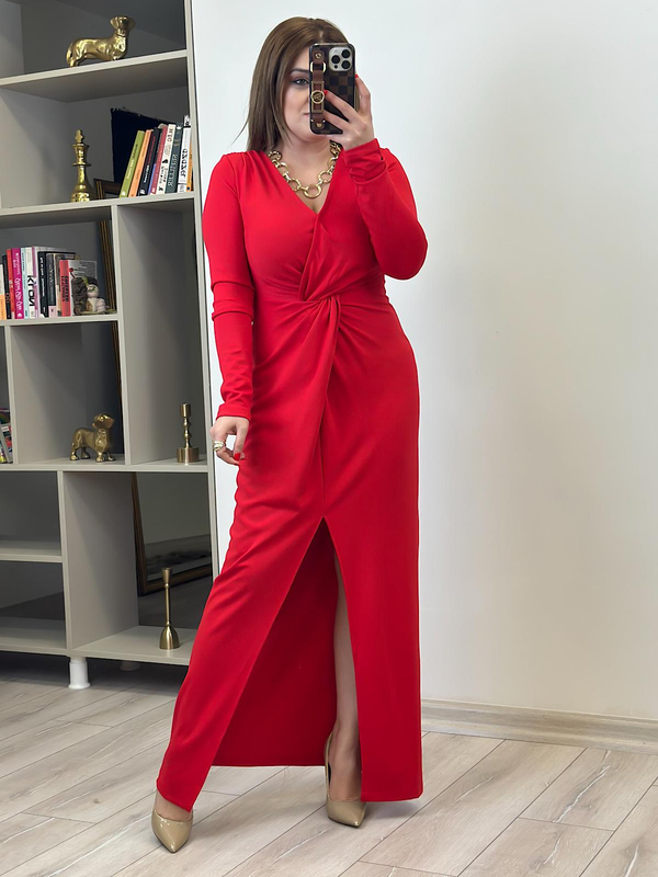 Örme Çelik Burgu Maksi Boy Elbise KIRMIZI-23MeELB00013