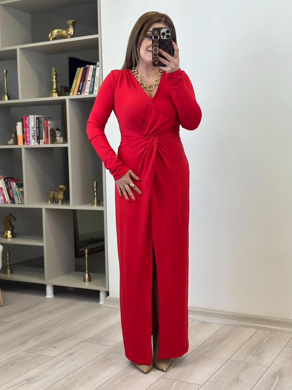 Örme Çelik Burgu Maksi Boy Elbise KIRMIZI-23MeELB00013