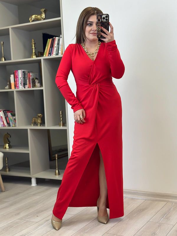 Örme Çelik Burgu Maksi Boy Elbise KIRMIZI-23MeELB00013