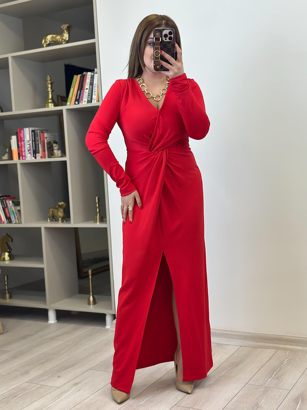 Örme Çelik Burgu Maksi Boy Elbise KIRMIZI-23MeELB00013