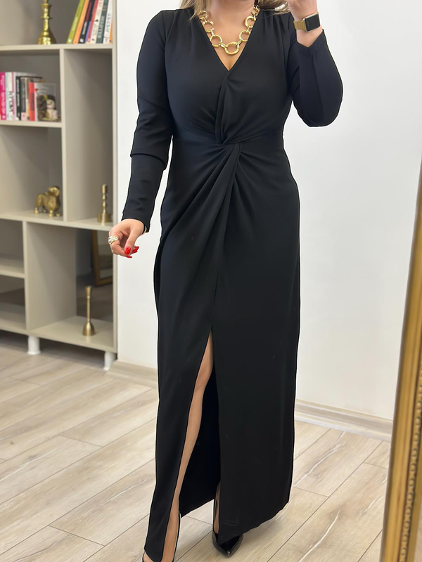 Örme Çelik Burgu Maksi Boy Elbise SİYAH-23MeELB00013