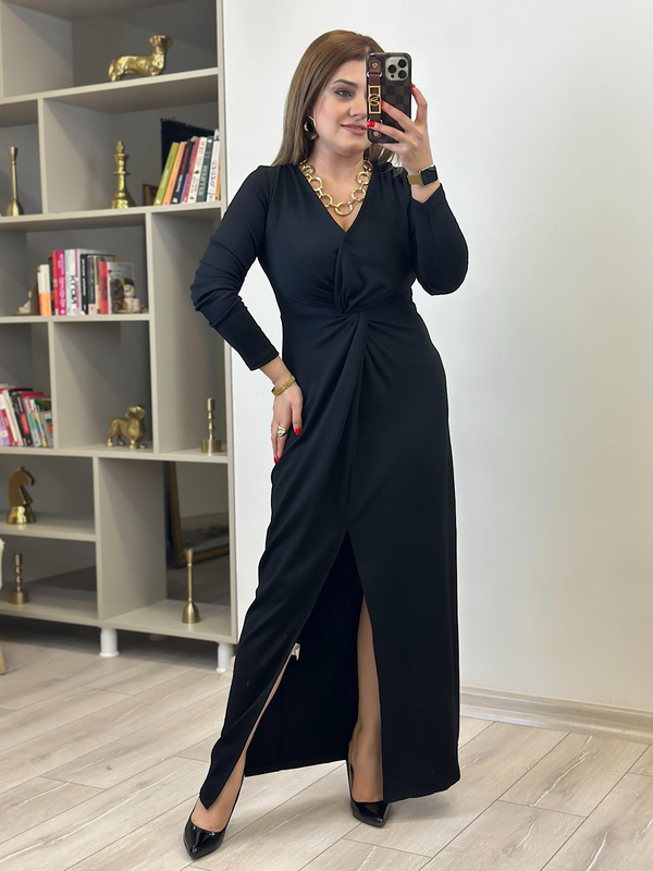 Örme Çelik Burgu Maksi Boy Elbise SİYAH-23MeELB00013