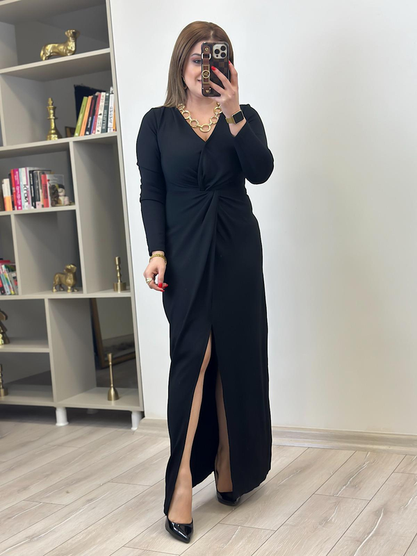 Örme Çelik Burgu Maksi Boy Elbise SİYAH-23MeELB00013