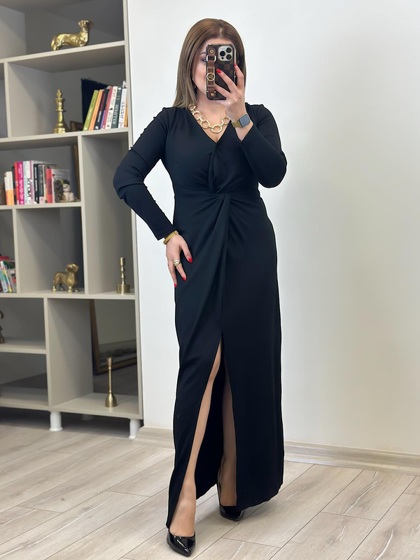 Örme Çelik Burgu Maksi Boy Elbise SİYAH-23MeELB00013