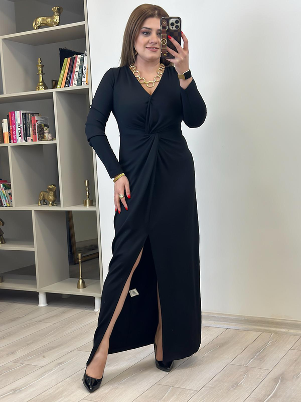 Örme Çelik Burgu Maksi Boy Elbise SİYAH-23MeELB00013