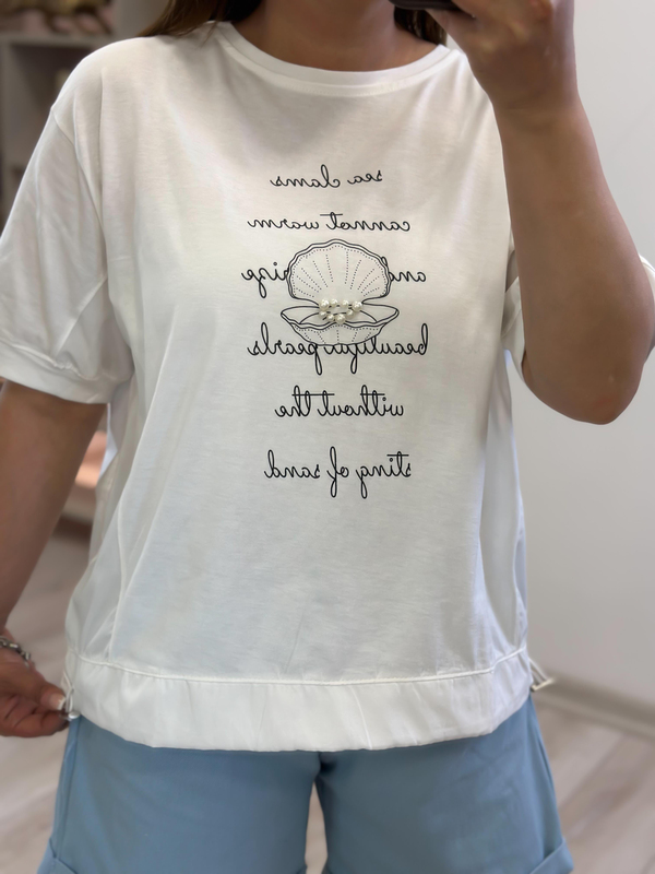 Oversize Eteği Büzgü Detaylı Yazı basklı Tshirt EKRU-23YUST000250