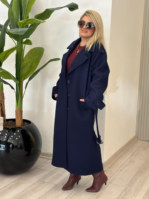 Oversize Kuşaklı Uzun Kaşe Kaban LARCİVET-23KDIS000061