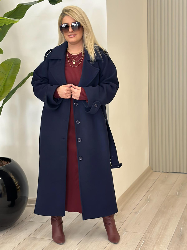 Oversize Kuşaklı Uzun Kaşe Kaban LARCİVET-23KDIS000061