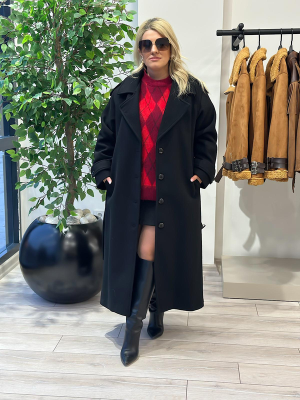 Oversize Kuşaklı Uzun Kaşe Kaban SİYAH-23KDIS000061