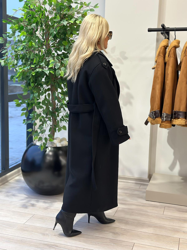 Oversize Kuşaklı Uzun Kaşe Kaban SİYAH-23KDIS000061