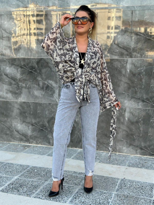 Paçası Yırtık Yüksek Bel Mom Jean GRİ-23MeALT00053