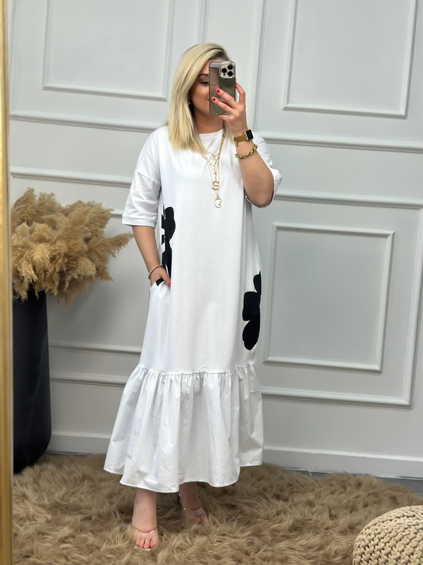 Papatya Desenli Poplin Detaylı Elbise BEYAZ-23YELB000003