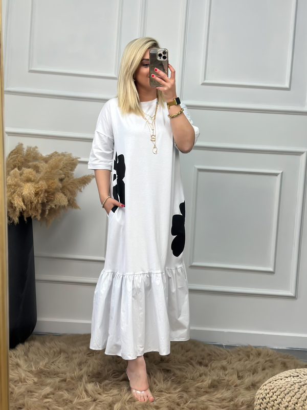 Papatya Desenli Poplin Detaylı Elbise BEYAZ-23YELB000003