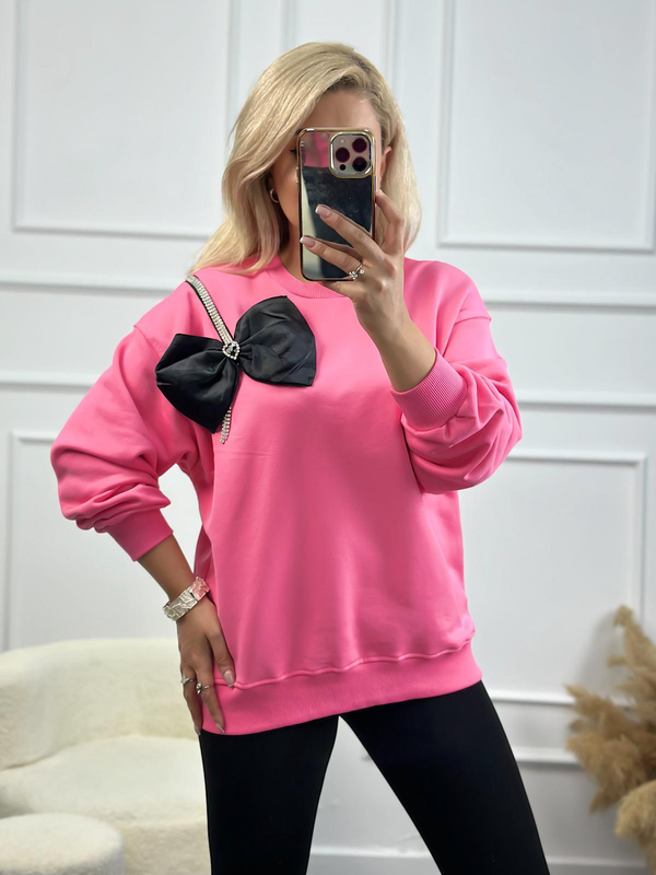 Papyon Detaylı Taş İşleme Bisiklet Yaka Oversize Sweatshirt PEMBE-23YUST000138