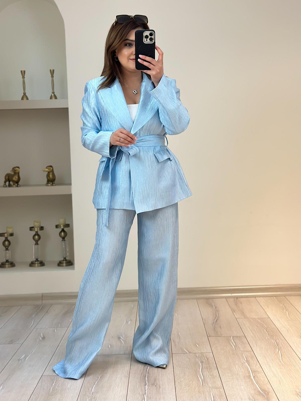 Parlak Beli Kuşaklı Takım MAVİ-23YUST000152