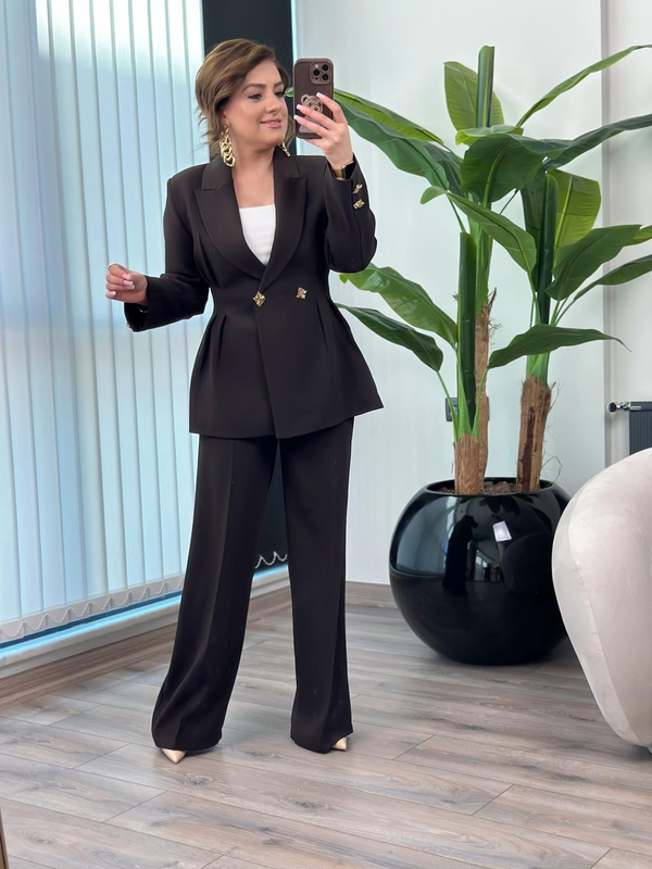 Pile Detaylı Slimfit Ceket Pantolon Takım ACI KAHVE-23MeUST00149