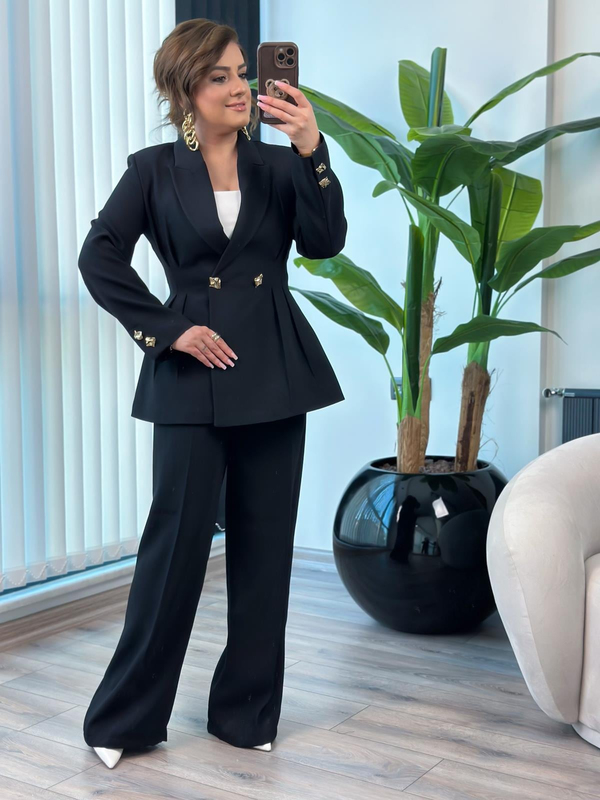 Pile Detaylı Slimfit Ceket Pantolon Takım SİYAH-23MeUST00149