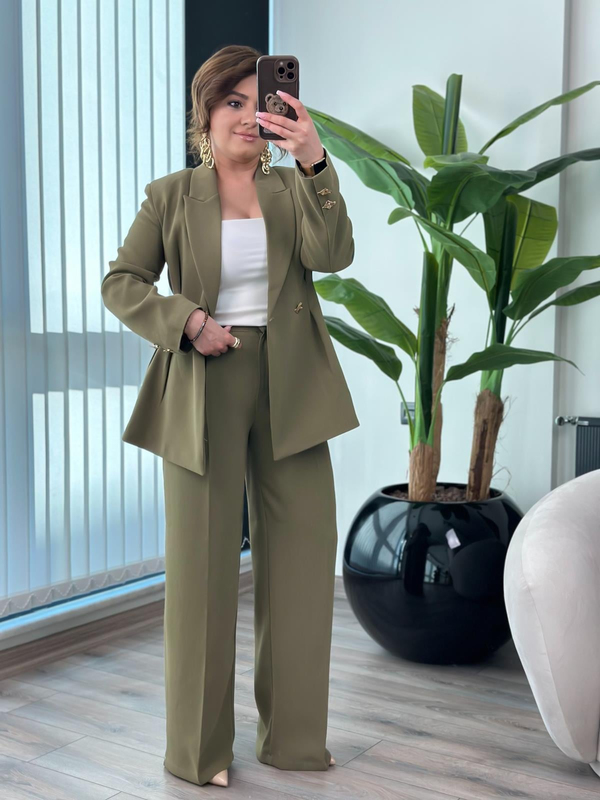 Pile Detaylı Slimfit Ceket Pantolon Takım HAKİ-23MeUST00149