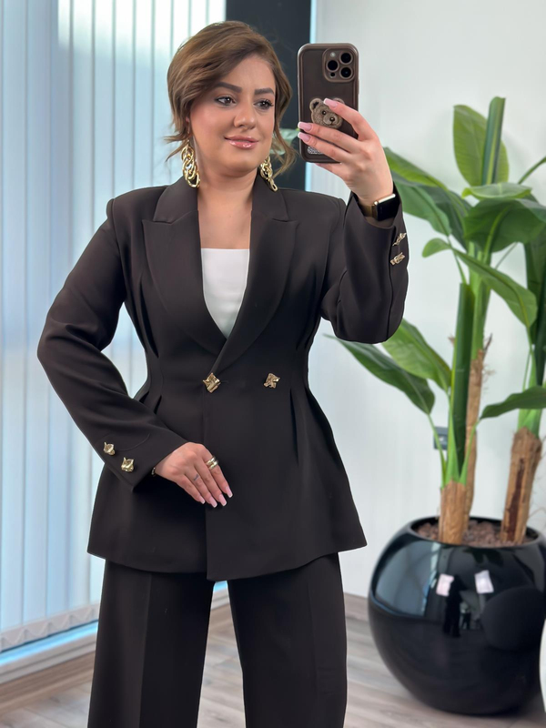 Pile Detaylı Slimfit Ceket Pantolon Takım ACI KAHVE-23MeUST00149