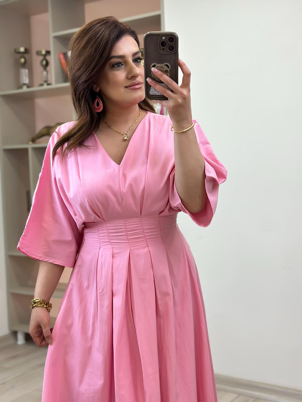 Pileli Uzun Elbise PEMBE-23YELB000133
