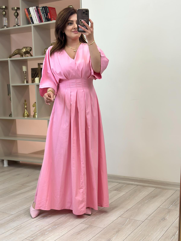 Pileli Uzun Elbise PEMBE-23YELB000133
