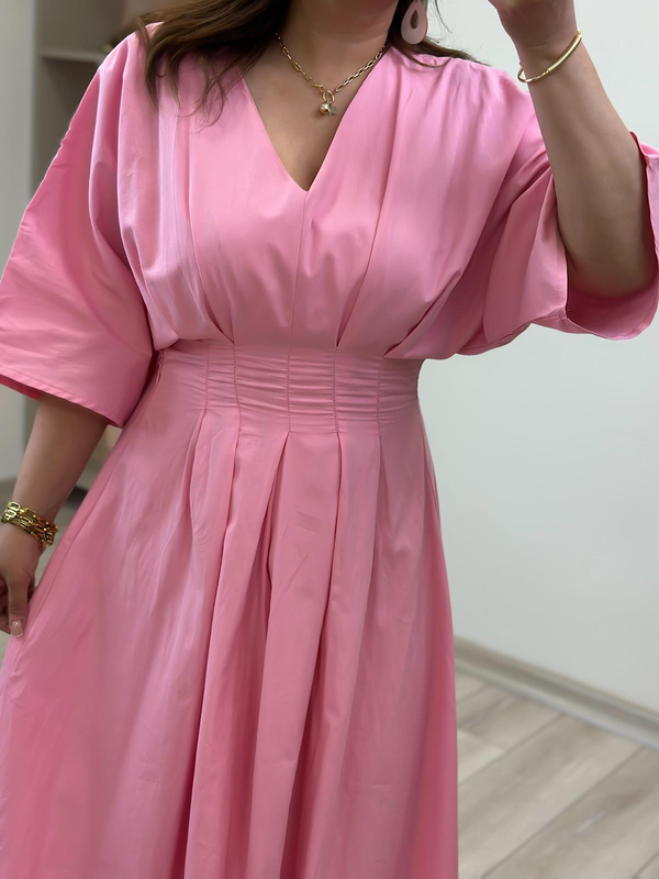 Pileli Uzun Elbise PEMBE-23YELB000133