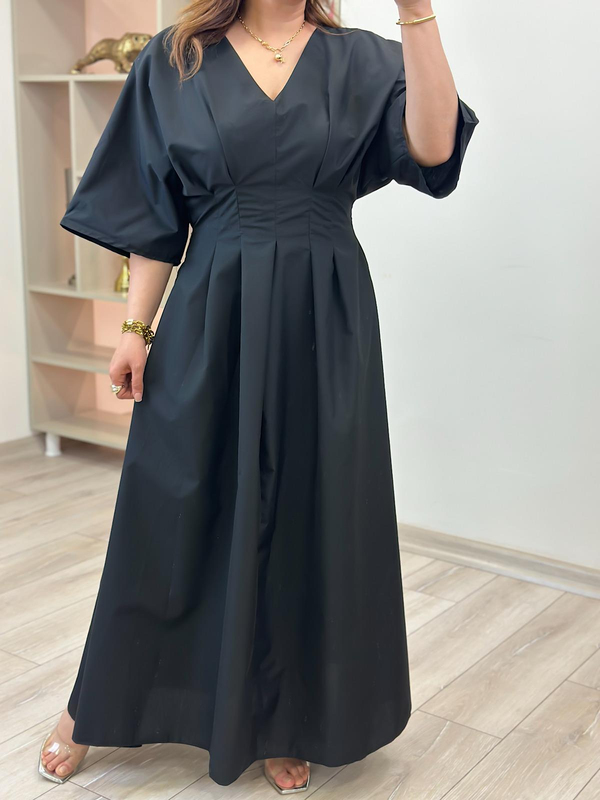 Pileli Uzun Elbise SİYAH-23YELB000133