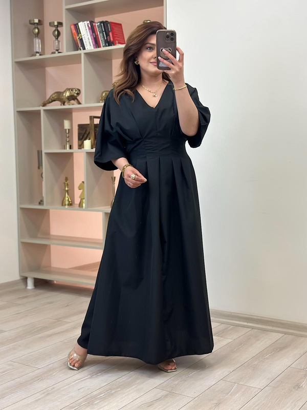 Pileli Uzun Elbise SİYAH-23YELB000133