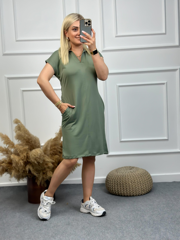 Polo Yaka Modal Kumaş Elbise HAKİ-23YELB000087