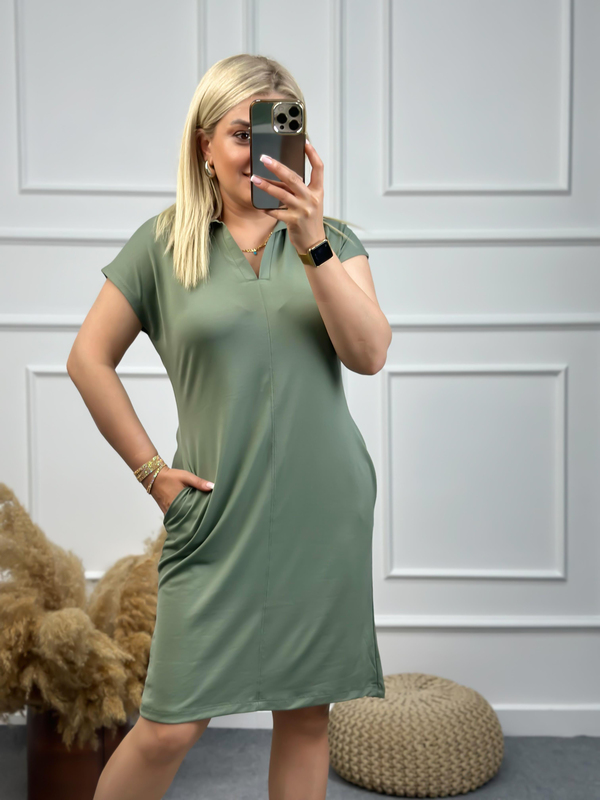 Polo Yaka Modal Kumaş Elbise HAKİ-23YELB000087