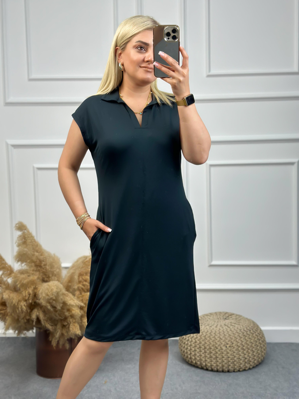 Polo Yaka Modal Kumaş Elbise SİYAH-23YELB000087