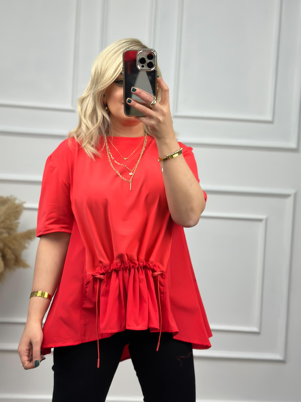 Poplin Detaylı  Belli Lastikli Tshirt NAR ÇİÇEĞİ-23YUST000007