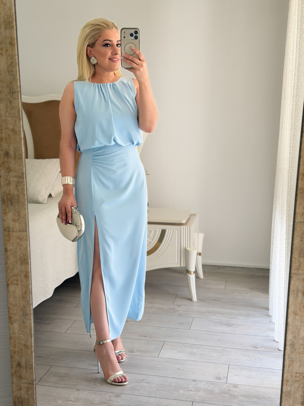 Premium Seri Drapeli Dökümlü Yırtmaçlı Kalem Elbise BEBE MAVİ-23MeELB00034