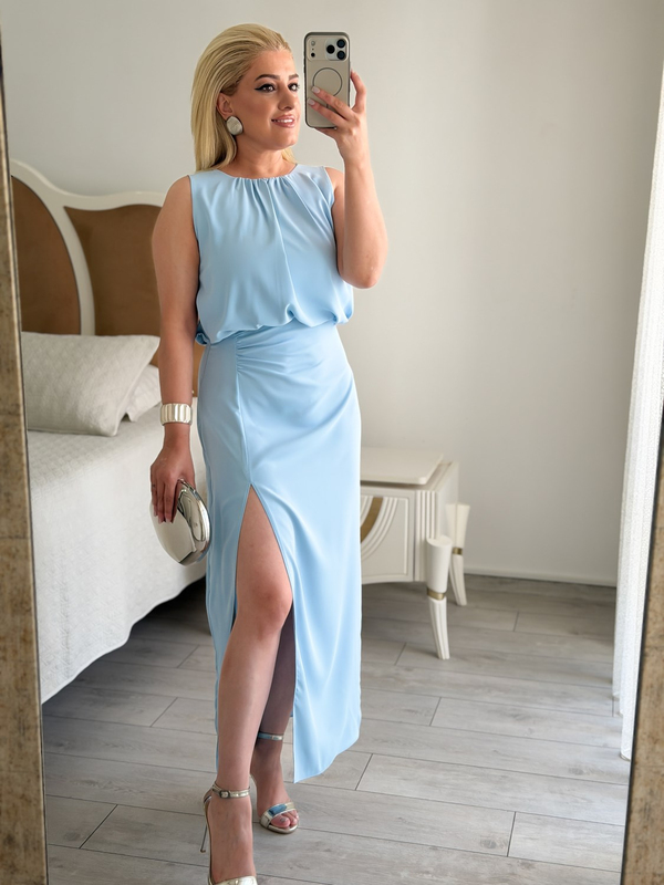 Premium Seri Drapeli Dökümlü Yırtmaçlı Kalem Elbise BEBE MAVİ-23MeELB00034