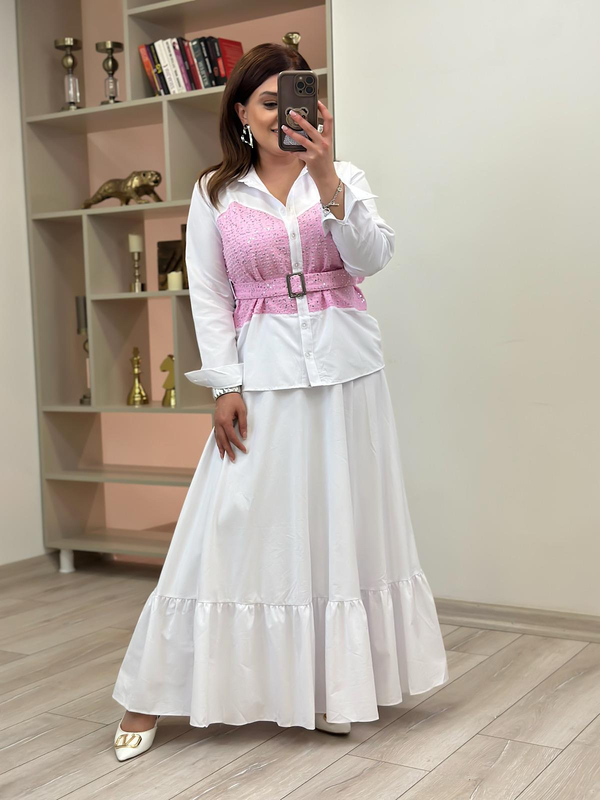 Pullu  Kot Detaylı Gömlek PEMBE-23YUST000161
