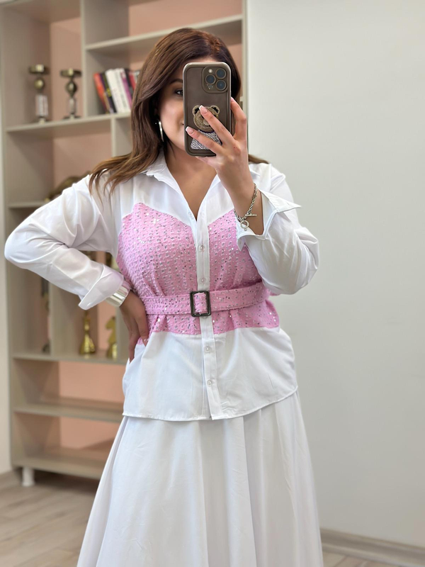 Pullu  Kot Detaylı Gömlek PEMBE-23YUST000161