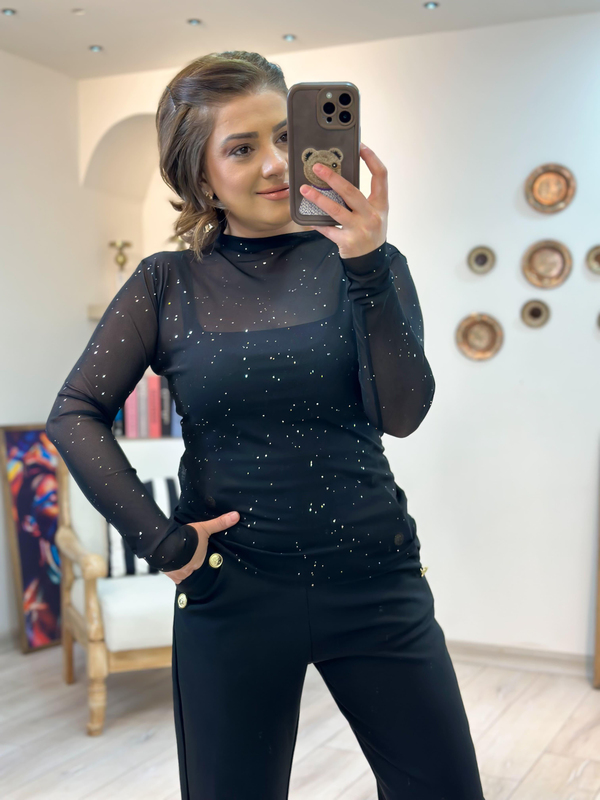 Pullu Transparan Bluz SİYAH-23KUST000126