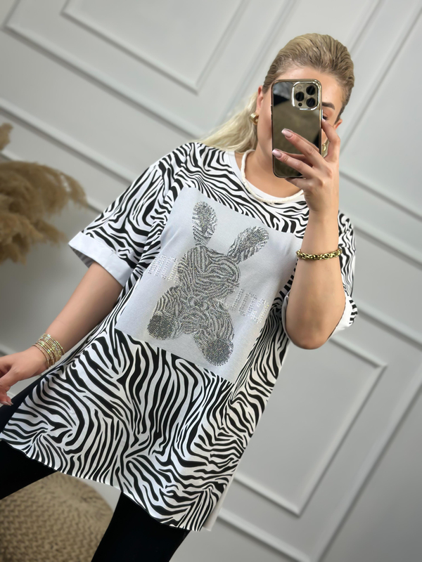 Renkli Tavşanlı Tshirt BEYAZ-23YUST000059