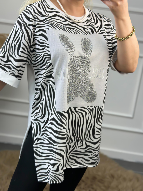 Renkli Tavşanlı Tshirt BEYAZ-23YUST000059