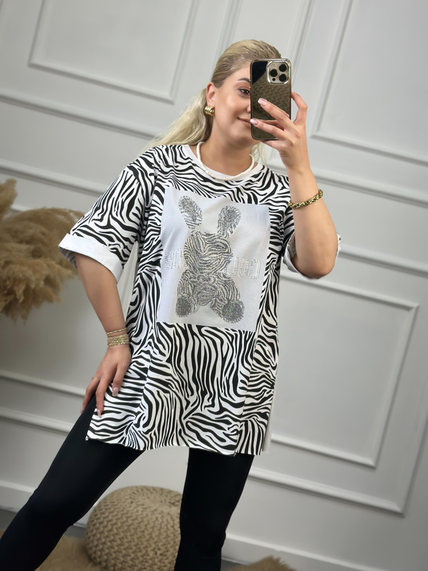 Renkli Tavşanlı Tshirt BEYAZ-23YUST000059