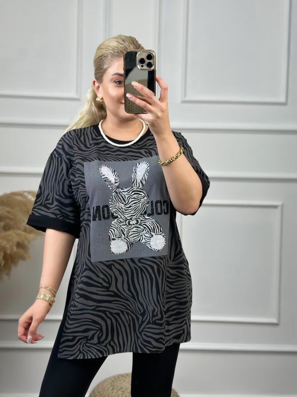Renkli Tavşanlı Tshirt SİYAH-23YUST000059