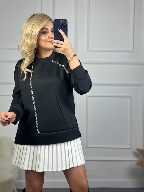 Scuba Taşlı Sweatshirt SİYAH-23KUST000093