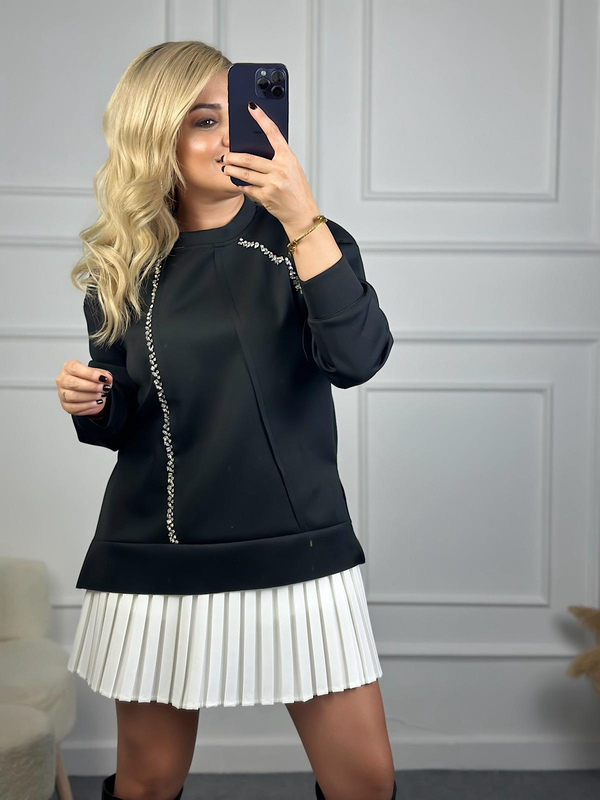 Scuba Taşlı Sweatshirt SİYAH-23KUST000093