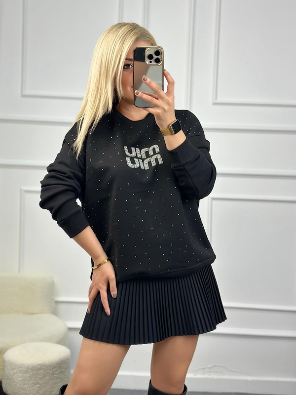 Serpme Miu Taşlı Sewatshirt SİYAH-23KUST000080
