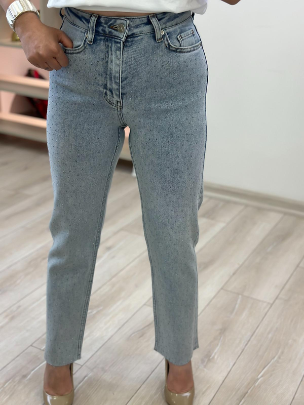 Serpme Taş Detay Mom Fit Pantolon BUZ MAVİ-23YALT000037